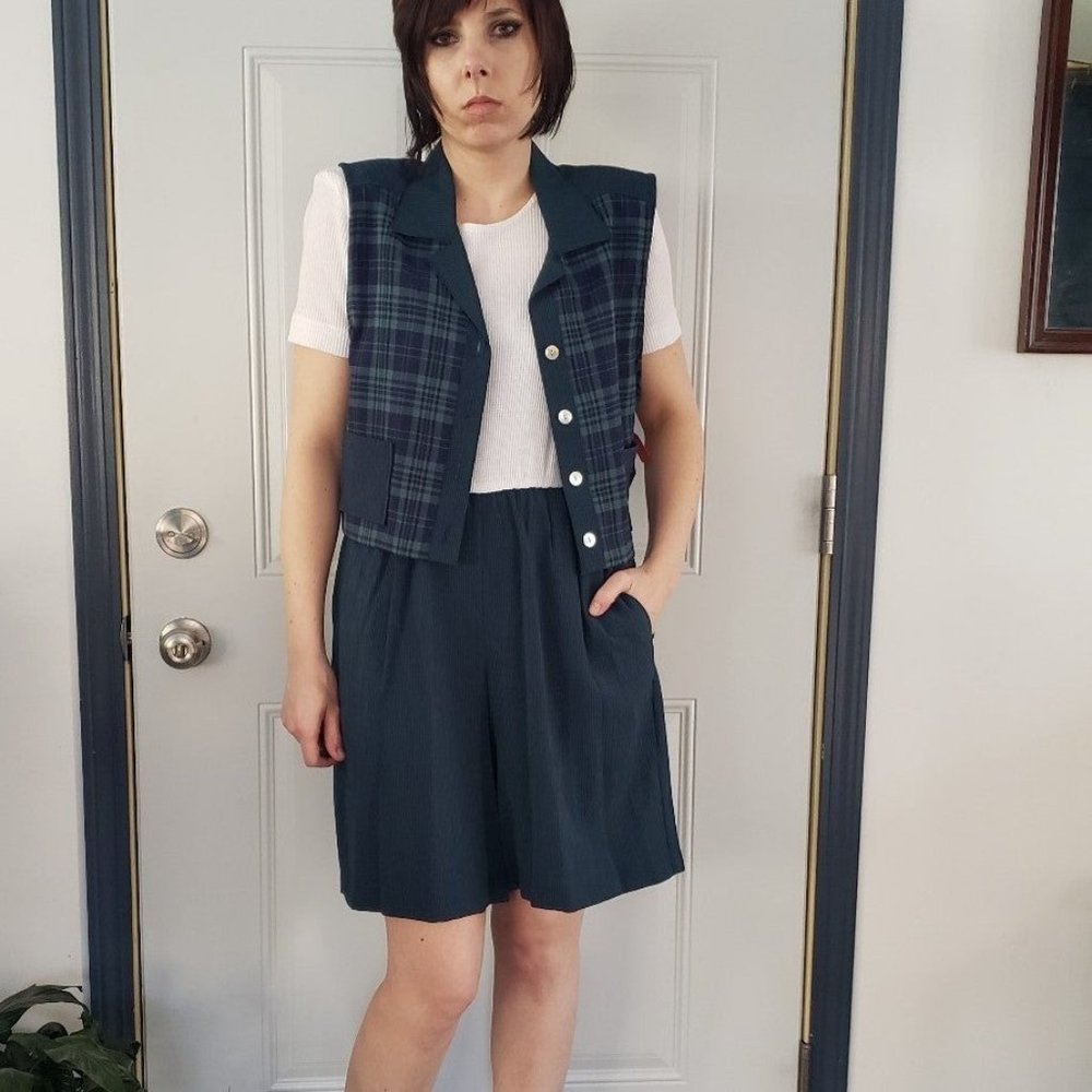 90s Deadstock Green Romper‎ with Plaid Vest
